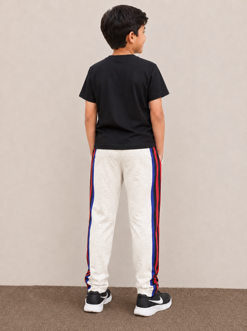 Premium Kids single jersey Trousers off-white mélange with ,Side Stripe p14