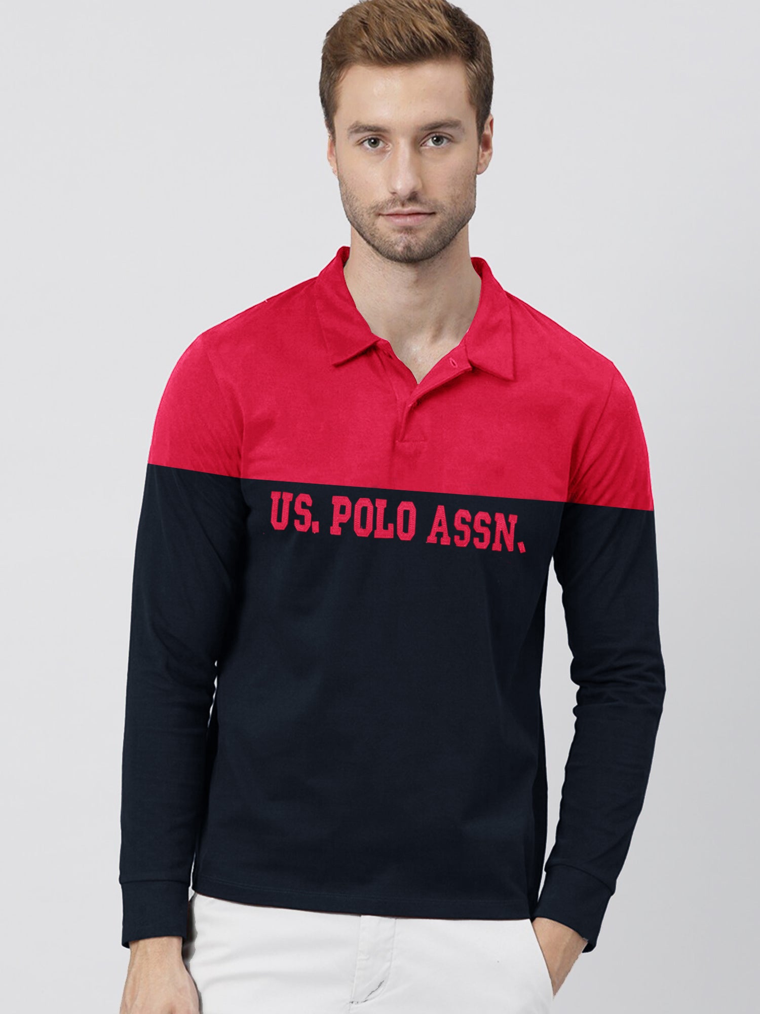 U.S.P.A Long Sleeve Polo Shirt For Men-Dark Red & Navy-SP6448