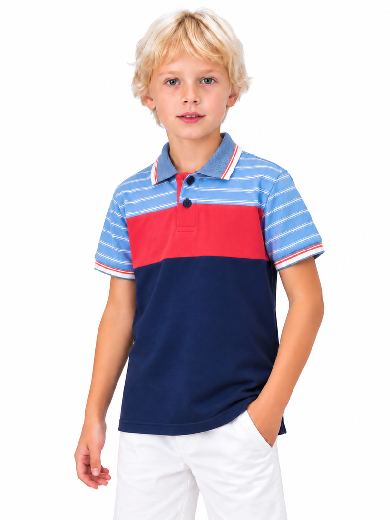 HB Summer P.Q Polo Shirt For Kids-light blue melange red with navy  hb04