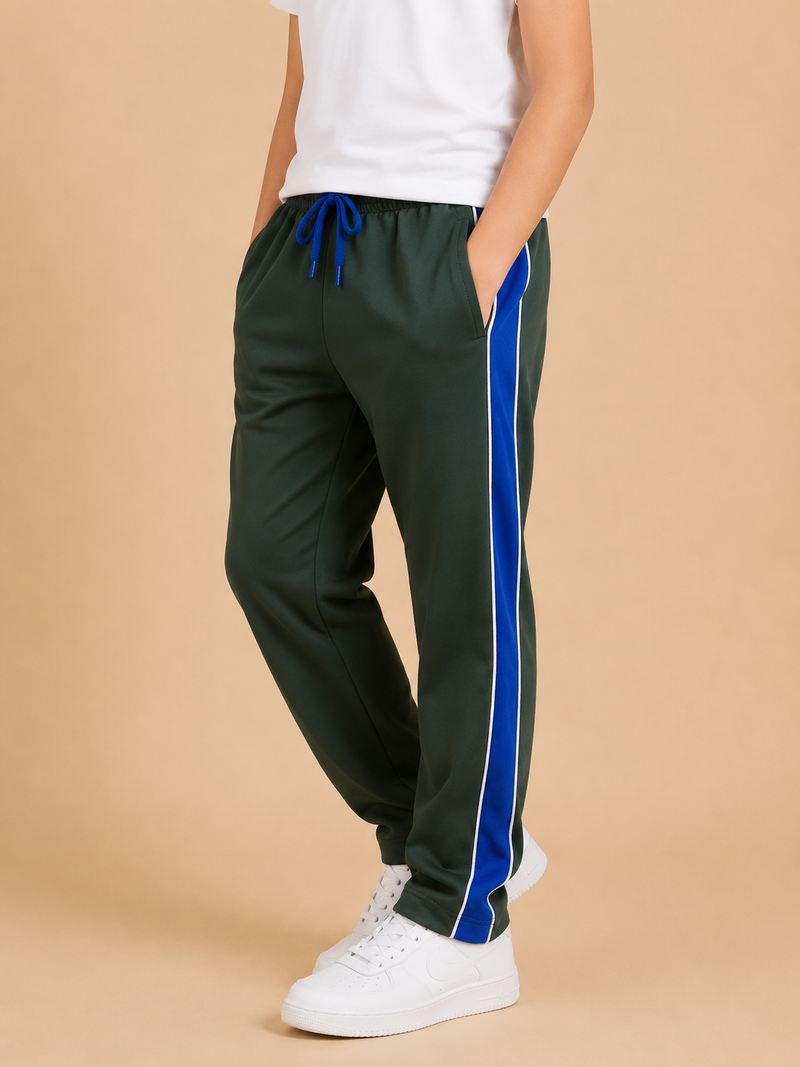 Kids Premium Track Pants – Dark Green with Royal Blue Side Panel ah1