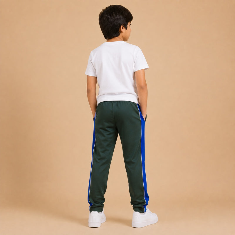 Kids Premium Track Pants – Dark Green with Royal Blue Side Panel ah1