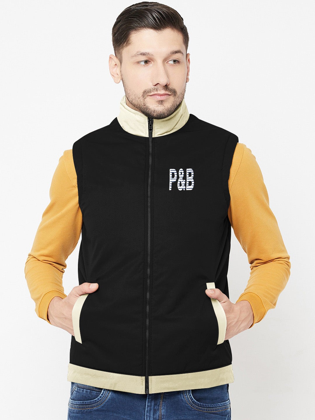 P&B Sleeveless Mock Neck Zipper Jacket For Men-Black & Skin-BR1793