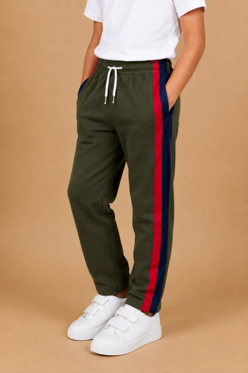 Premium Kids Lycra Trousers Dark Olive Green with Royal Blue ,Red,pink,Side panal Stripe p7