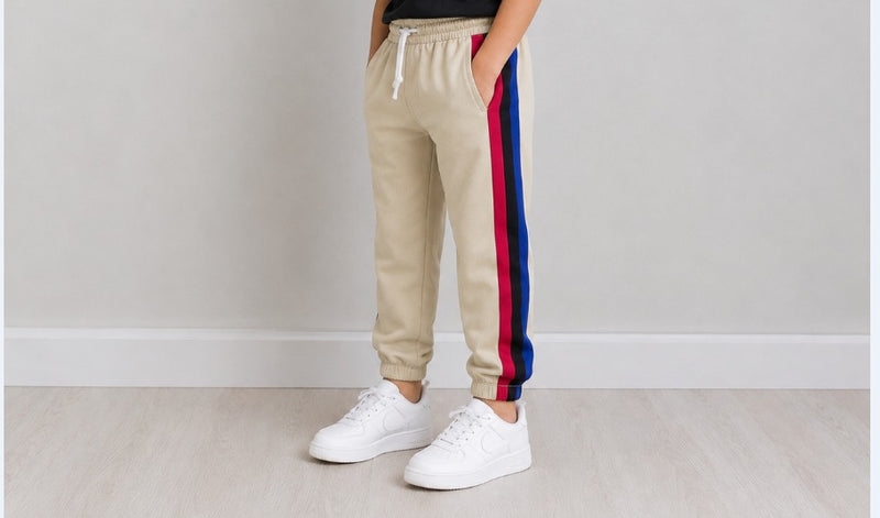 Kids Premium Track Pants – Beige with Red, Black & Royal Blue Stripes bn123