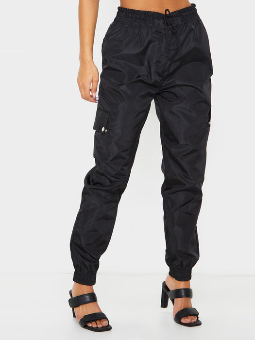 Cuffed Hem Shell Side Pockets Jogger Trouser For Ladies-Black-RT2589