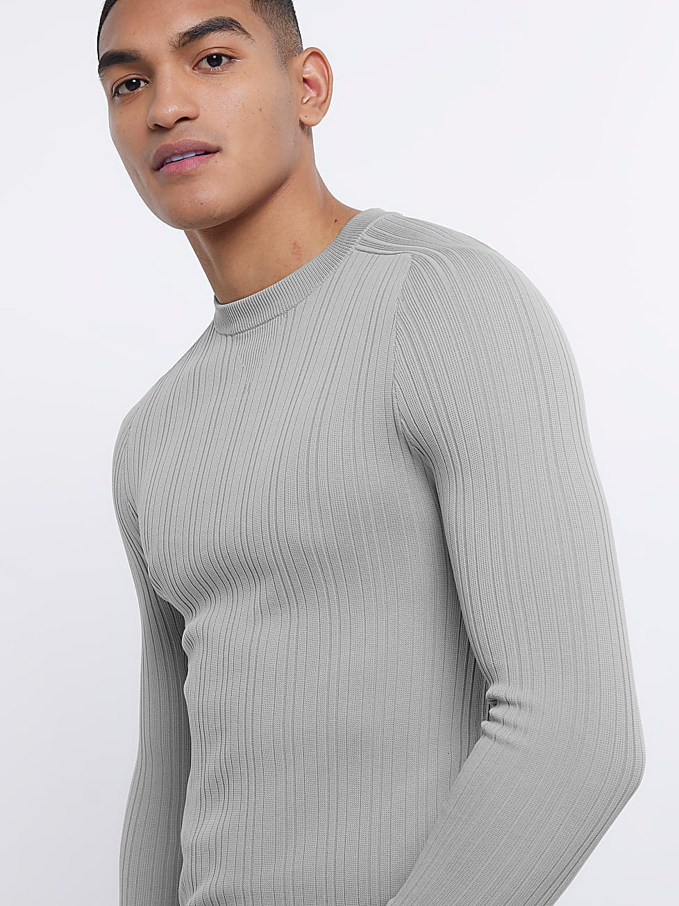 River Island Crew Neck Allover Ribbed Sweatshirt For Men-Grey-RT2201