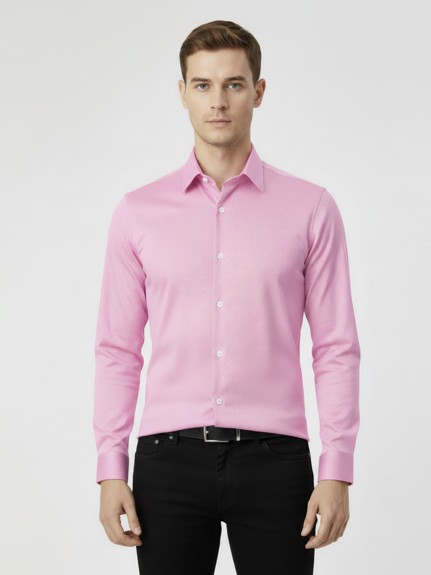 Rawgear 4 Side Lycra Slim Fit Long Sleeve Casual Shirt For Men-Pink With Dots-RG07