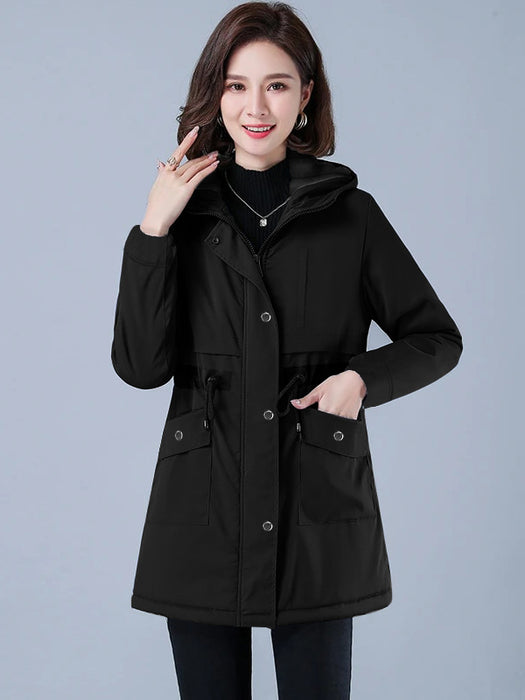 Mo-Ka Zipper Hooded Jacket Belt Style For Ladies-Black-BR14300