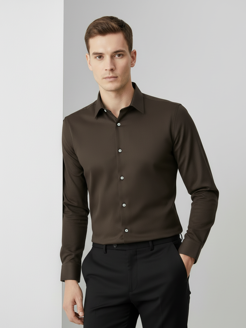 Rawgear 4 Side Lycra Slim Fit Long Sleeve Casual Shirt For Men-Dark Brown-RG04