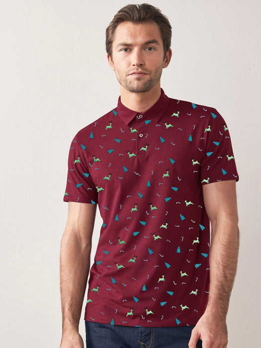 Next Single Jersey Half Sleeve Polo For Men-Dark Red with Allover Print-RT811