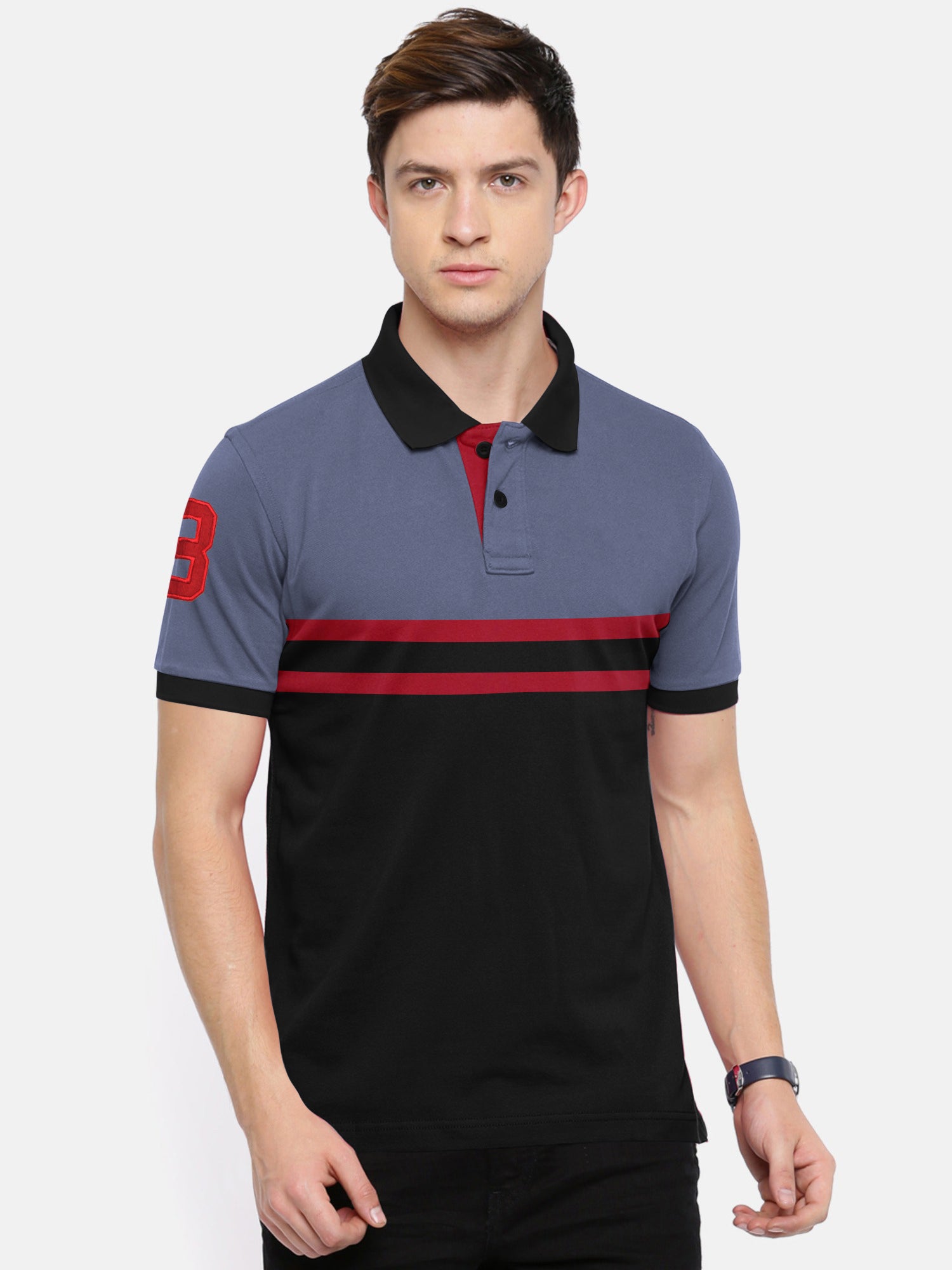 U.S.P.A Stylish Pique Summer Polo For Men-Slate Blue with Black Panel & Red Stripe-RT788
