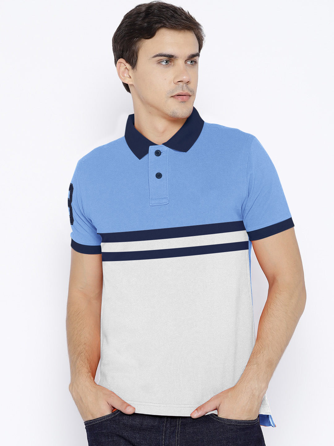 U.S.P.A Stylish Pique Summer Polo For Men-Dark Sky with White & Navy Stripe-RT787