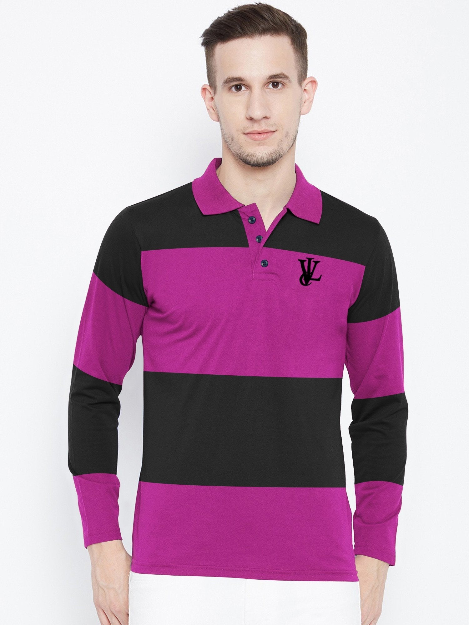 Louis Vicaci Long Sleeve Polo For Men-Black with Magenta-BR885