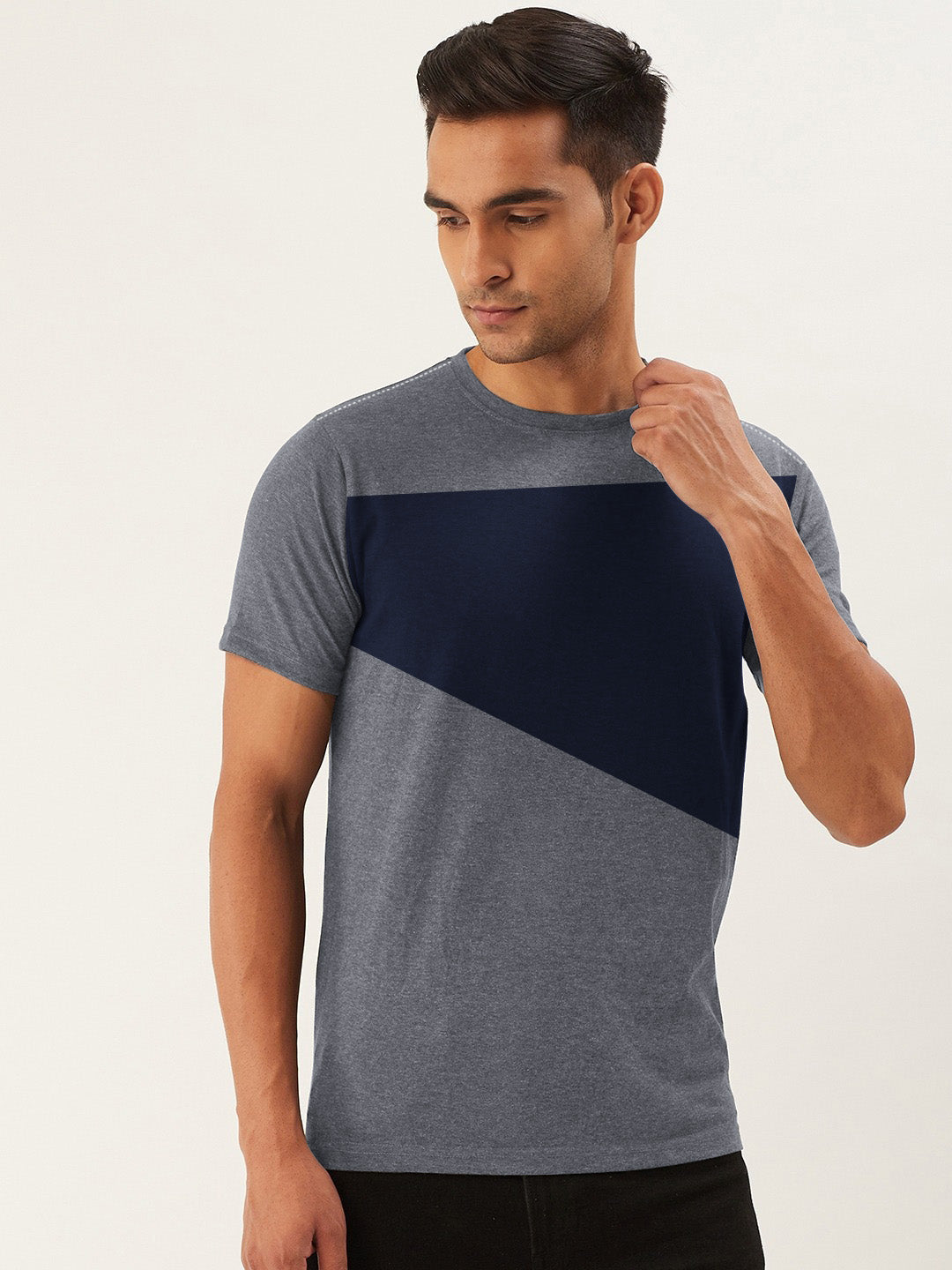 Celebrate Single Jersey Crew Neck Tee Shirt For Men-Charcoal Melange & Navy Panel-BR13212