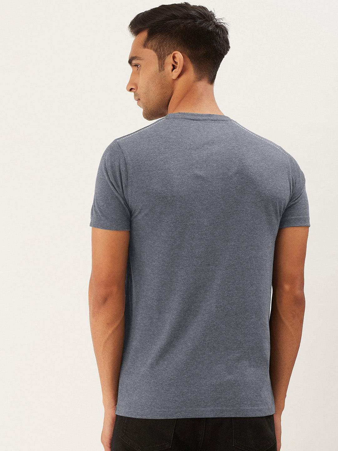 Celebrate Single Jersey Crew Neck Tee Shirt For Men-Charcoal Melange & Navy Panel-BR13212