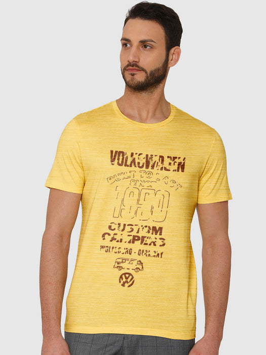 VW Single Jersey Crew Neck Tee Shirt For Men-Yellow Melange with Print-RT722