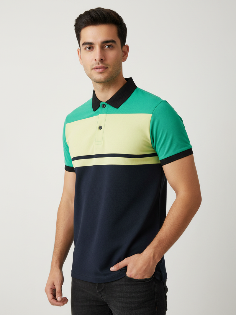 Summer Polo Shirt For Men-Dark Navy with Yellow & Green-RT2383