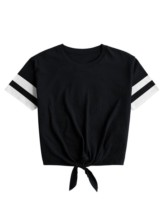 Miss Popular Viscose Crop Tie Tee Shirt For Women-Black-BR13717