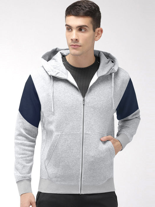 Terry Fleece Zipper Hoodie For Men-Grey Melange With Dark Navy Panel-BR14371