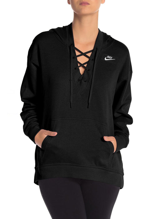NK Terry Fleece Lace Up Hoodie For Ladies-Black-BR996