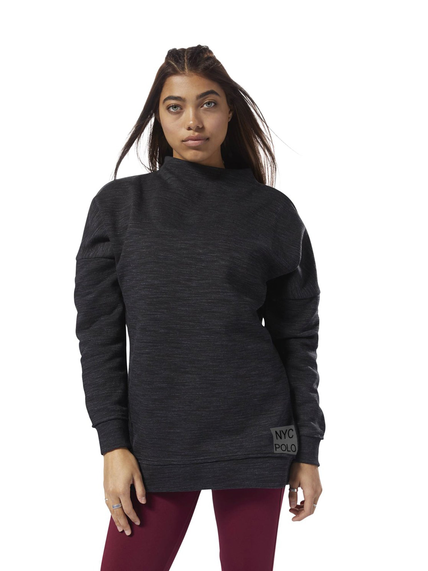 NYC Polo Training Essential Marble Oversize Crew Sweat For Ladies-Black Melange-BR89