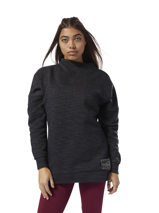 NYC Polo Training Essential Marble Oversize Crew Sweat For Ladies-Black Melange-BR89
