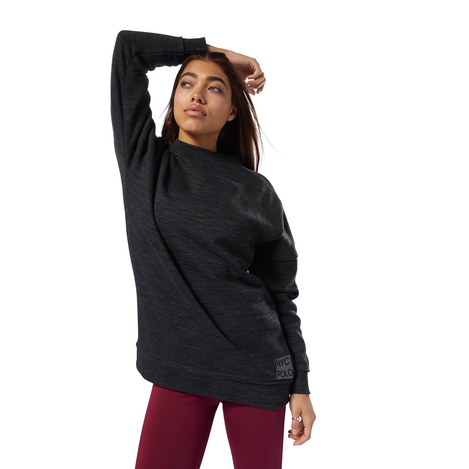 NYC Polo Training Essential Marble Oversize Crew Sweat For Ladies-Black Melange-BR89