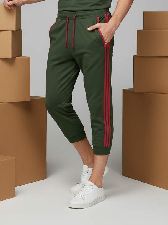 Summer Jersey Terry Slim Fit Bermuda Short For Men-Olive Green With Red Stripes-BS01