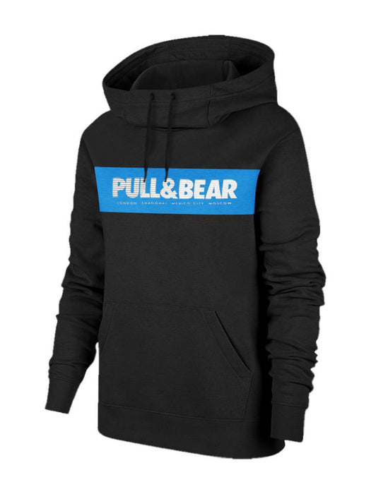 P&B Fleece Pullover Hoodie For Men-Black With Blue Panel-BE13685