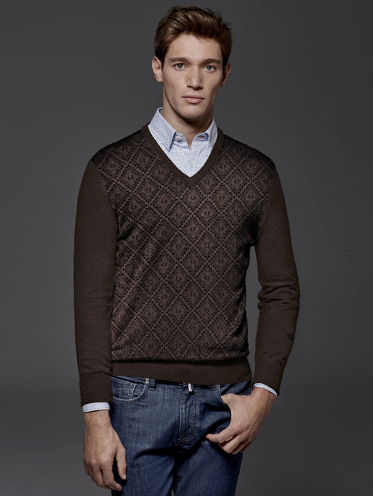Fashion Stylish V Neck wool Sweater For Men-Dark Brown-AZ30