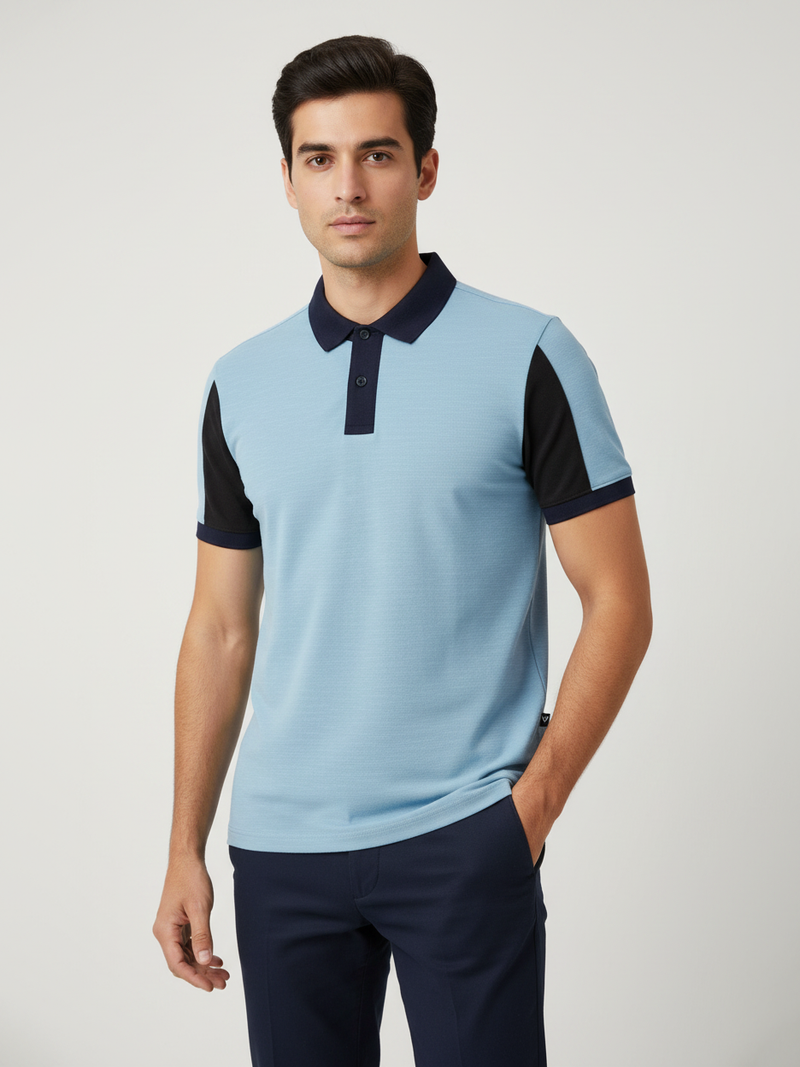 Summer Polo Shirt For Men-Sky & Dark Navy-BR13104