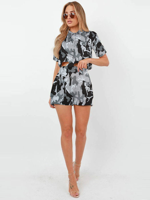 Rising Pop Button Shorts Co-Ord For Ladies-Grey Camouflage-RT2606