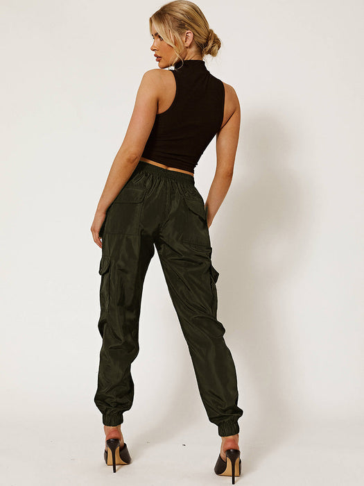 Cuffed Hem Shell Side Pockets Jogger Trouser For Ladies-Dark Olive-RT2588