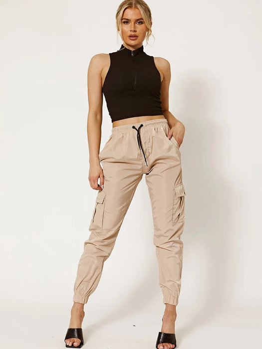 Cuffed Hem Shell Side Pockets Jogger Trouser For Ladies-Skin-RT2586