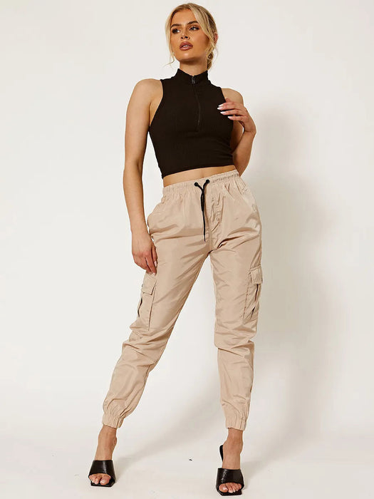 Cuffed Hem Shell Side Pockets Jogger Trouser For Ladies-Skin-RT2586