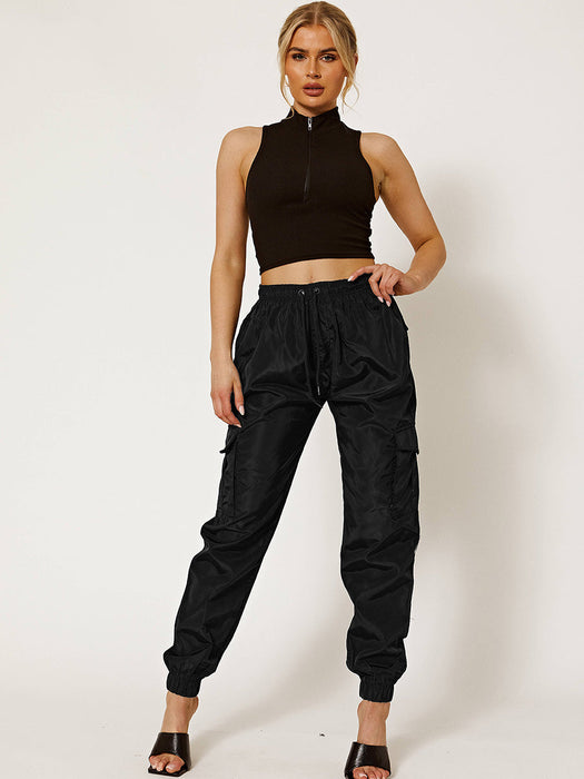 Cuffed Hem Shell Side Pockets Jogger Trouser For Ladies-Black-RT2586