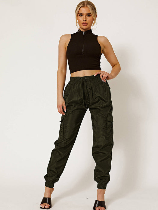 Cuffed Hem Shell Side Pockets Jogger Trouser For Ladies-Dark Olive-RT2588