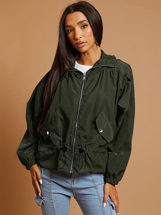 High Neck Hooded Festival Jacket For Ladies-Dark Olive-RT2546