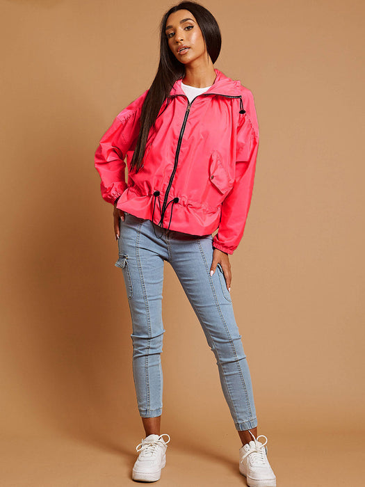 High Neck Hooded Festival Jacket For Ladies-Neon Pink-RT2550