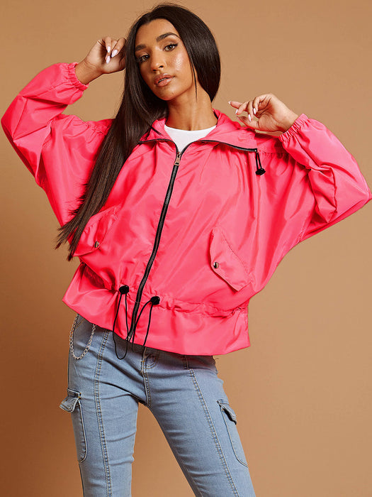 High Neck Hooded Festival Jacket For Ladies-Neon Pink-RT2550