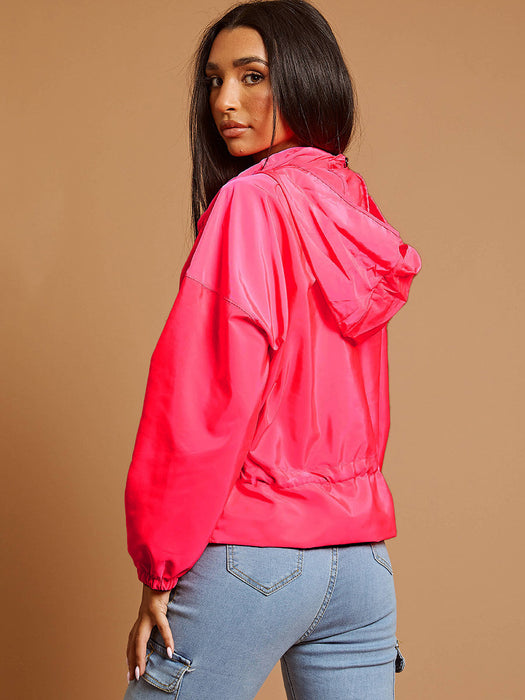 High Neck Hooded Festival Jacket For Ladies-Neon Pink-RT2550