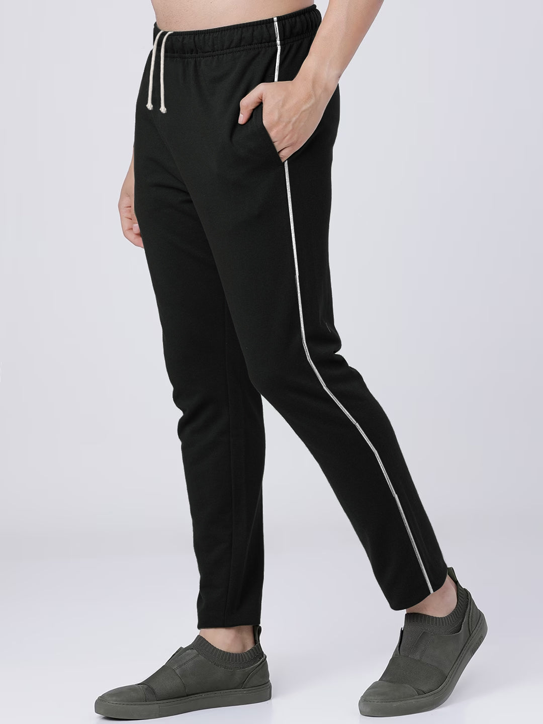 Louis Vicaci Slim Fit Active Wear Summer Active Wear Trouser Pent For Men-Black with White Piping-BR870