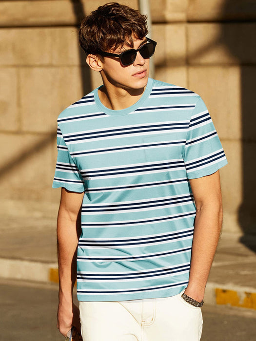 Orignal Single Jersey Crew Neck Tee Shirt For Men-Blue With Stripes-RT2425