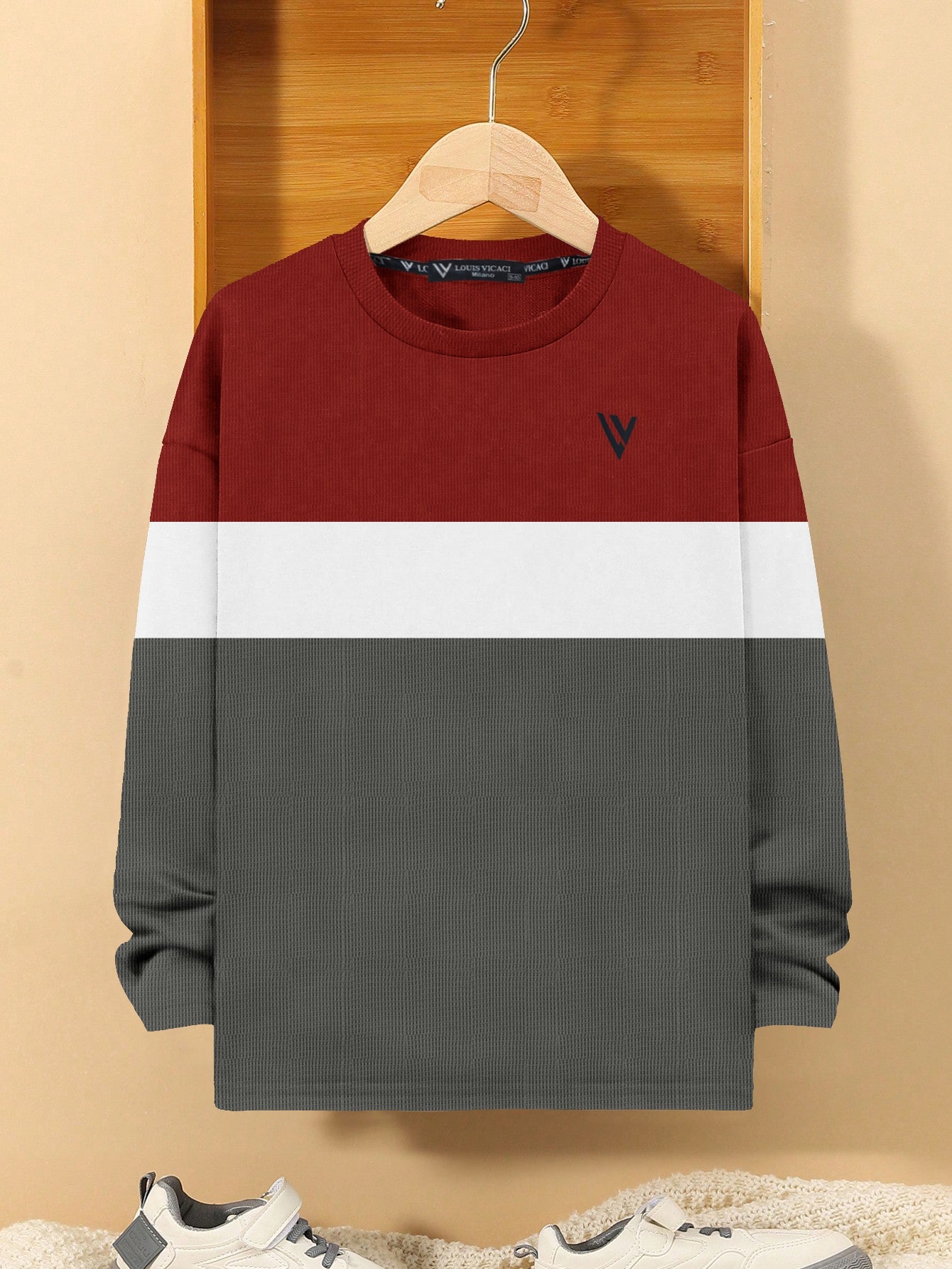 LV Crew Neck Long Sleeve Thermal Tee Shirt For Kids-Red with White & Grey-RT2423
