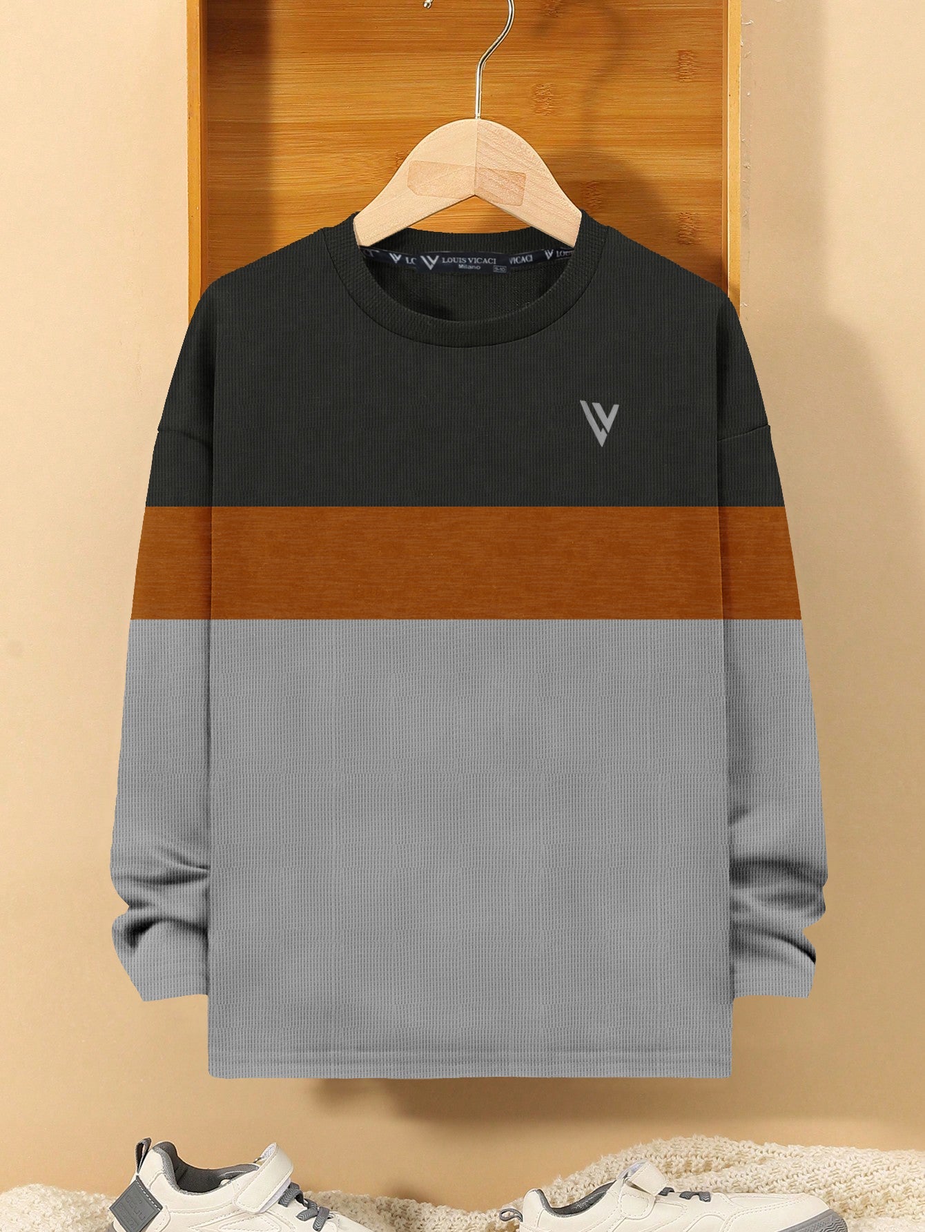 LV Crew Neck Long Sleeve Thermal Tee Shirt For Kids-Black with Orange & Grey-RT2422