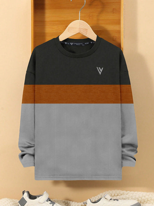 LV Crew Neck Long Sleeve Thermal Tee Shirt For Kids-Black with Orange & Grey-RT2422