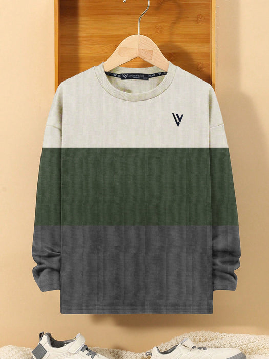 LV Crew Neck Long Sleeve Thermal Tee Shirt For Kids-Off White with Green & Grey-RT2420