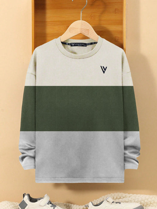 LV Crew Neck Long Sleeve Thermal Tee Shirt For Kids-Off White with Green & Light Grey-RT2421