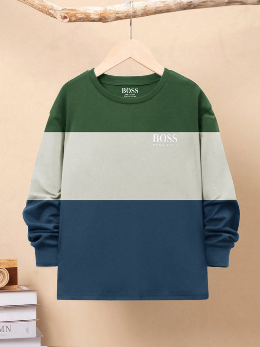 HB Crew Neck Long Sleeve Single Jersey Tee Shirt For Kids-Green with Off White & Blue-RT2417