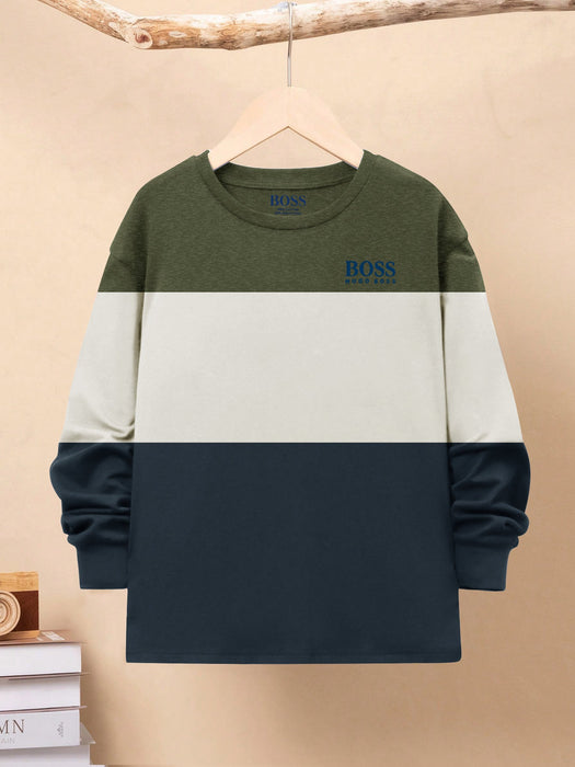 HB Crew Neck Long Sleeve Single Jersey Tee Shirt For Kids-Olive Melange with Off White & Navy-RT2418